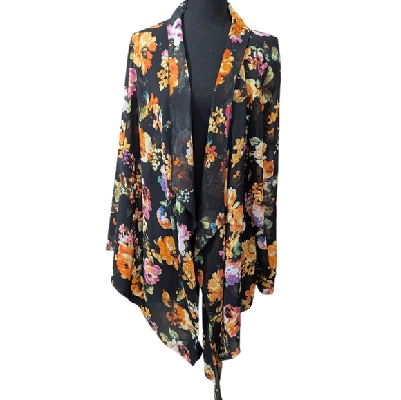 Neiman Marcus Black Boho Floral Sheer Festival Kimono Beach Cover Up Size M - Picture 1 of 9